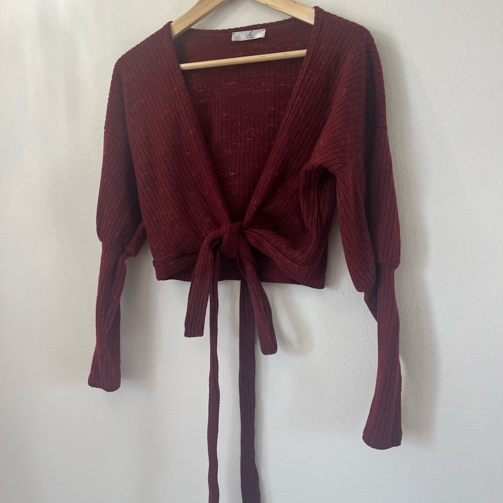 Burgundy Tie Up Cropped Sweater.
